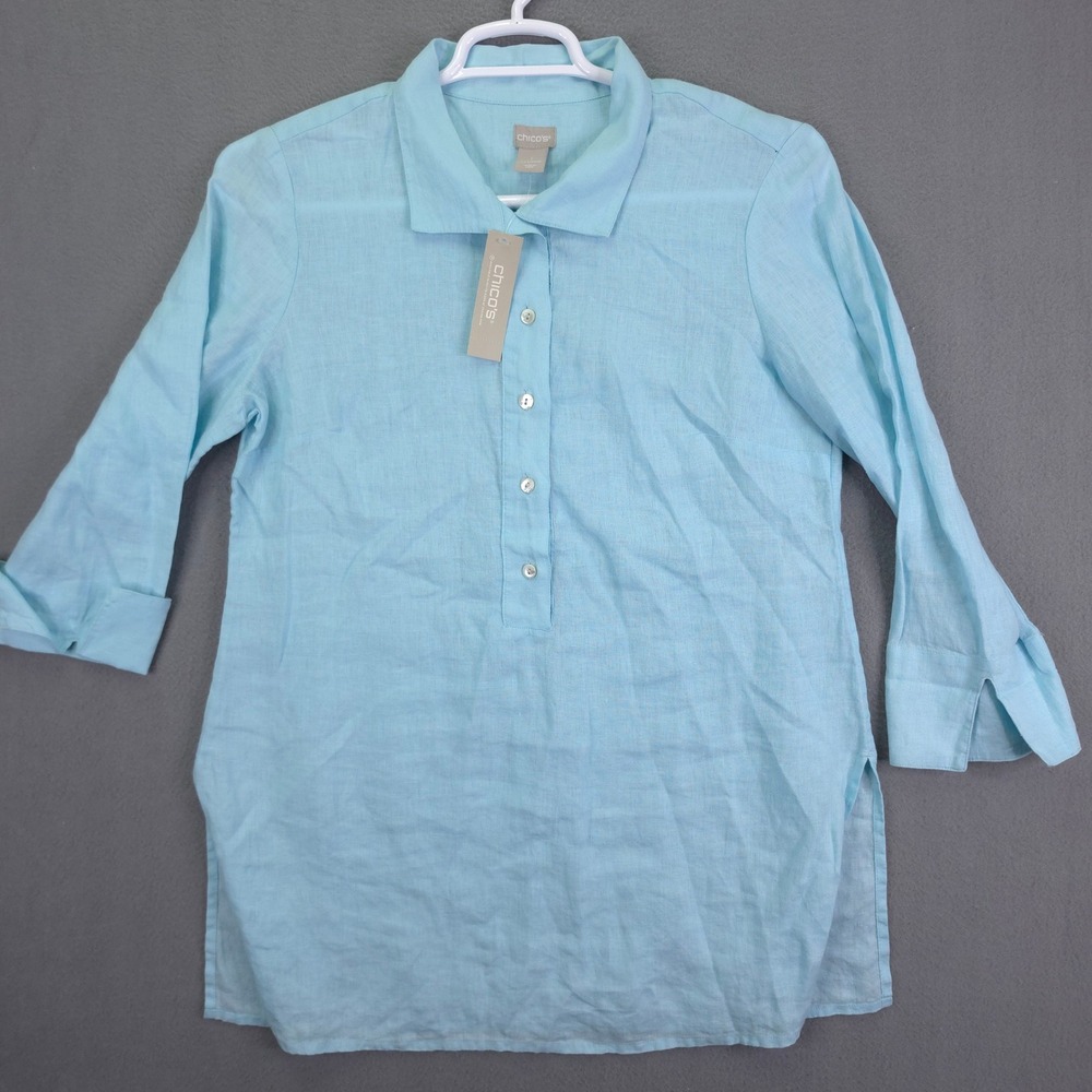 Chico's Linen Tunic Top Pullover Pale Turquoise Blue Size 1 Medium 8/10 Long Slv